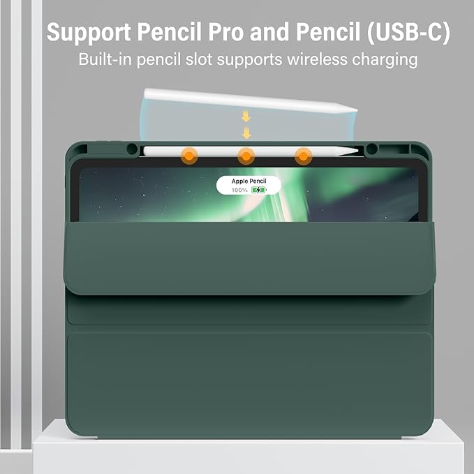 for iPad Pro 13 inch Case (M5/M4) 2025/2024, Slim Protective Cover with Pencil Holder, Soft TPU Back Cover, Trifold Stand, Auto Wake/Sleep, A2925 A2926 A3007 A3362 A3359 (Dark Green)