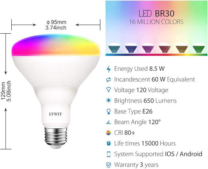 LVWIT Smart Light Bulbs Alexa, BR30 60W Equivalent, E26 Smart LED, Work with Google Assistant, Smart Life App, Tuya App, RGB Color Changing Bulb (8.5W), No Hub Required, 4-Pack
