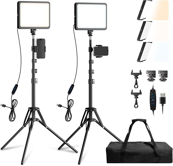 LED Video Light Kit, 2800-7000K Dimmable Studio Lighting with Tripod Stand & Phone Holder, 73” Adjustable Height for Video Recording, Live Streaming, YouTube, Photography，2-Pack