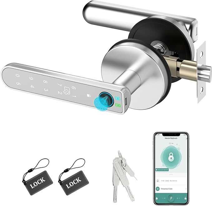 Foxgard Smart Fingerprint Door Lock:Fingerprint Door Knob-Biometric 5-in-1 Finger Print Door Lock-Smart Door Knob for Bedroom-APP Control-Easy Installation–Round Silver–1 Pack