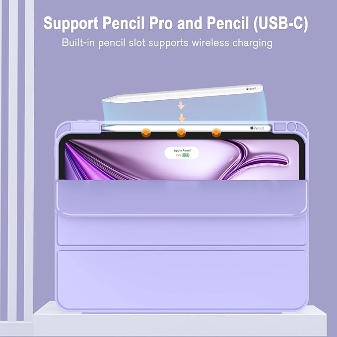 ZryXal New iPad Air 13 Inch Case M3 2025/M2 2024 with Pencil Holder, Trifold Stand Smart Case with Soft TPU Back,Auto Wake/Sleep(Light Purple)