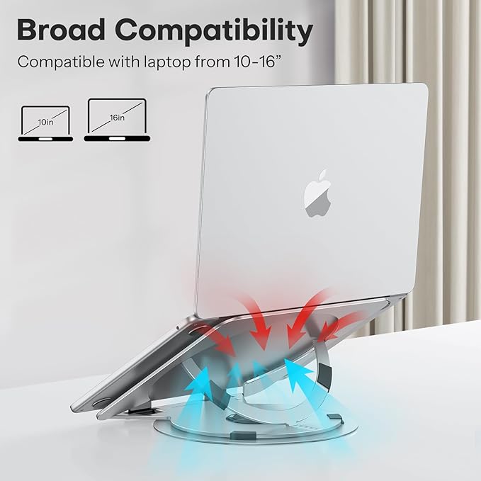 OMOTON Portable Laptop Stand for Desk, Ergonomic Computer Stand with 360° Rotating Base, 5-Level Adjustable Aluminum Foldable Mount, Compatible for 10-15.6" Laptops
