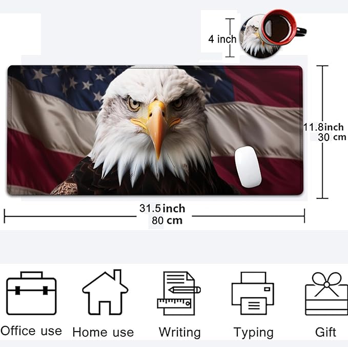 Large Mouse Pad, 31.5 x 11.8in Extended Gaming Mouse Pad with Stitched Edges, XXL Mousepad Protector Non Slip Rubber Base for Office and Home Writing Mat, American Bald Eagle Pattern Black Desk Mat