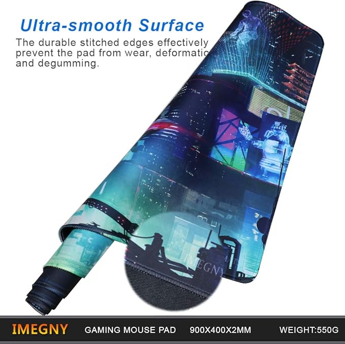 Extended Gaming Mouse Pad, Portable Mat for Keyboard & Mouse with Stitched Edges + Non-Slip Rubber Base （90x40 Green city005）