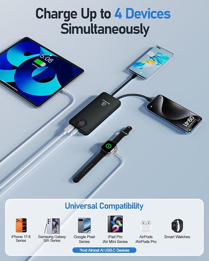 Power Bank,10000mAh 22.5W Max Portable Charger Built in Cables，4 Outputs 2 Inputs External Phone Powerbank,5V/3A Fast Charging Travel Charger for iPhone Android iPad,(Pearl Black)