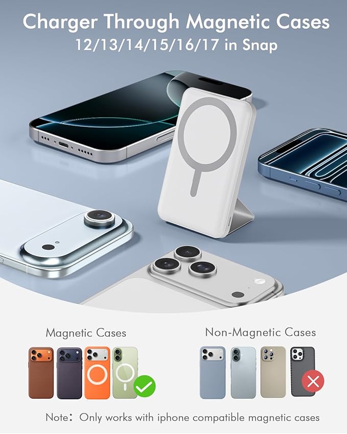 podoru for Magsafe Battery Pack, Foldable 10000mAh Magnetic Power Bank with USB-C Cable LED Display 22.5W PD Fast Charging Wireless Portable Charger for iPhone 17/16/15/14/13/12 Series-White