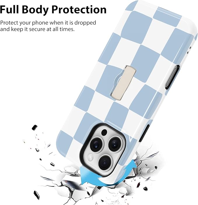 KANGHAR Compatible with iPhone 16 Pro Case, Support for MagSafe, Silicone Checkered Cute Pattern, Finger Hold Wristband Kickstand Camera Protection Soft Slim Phone Case for Girls Women -Light Blue