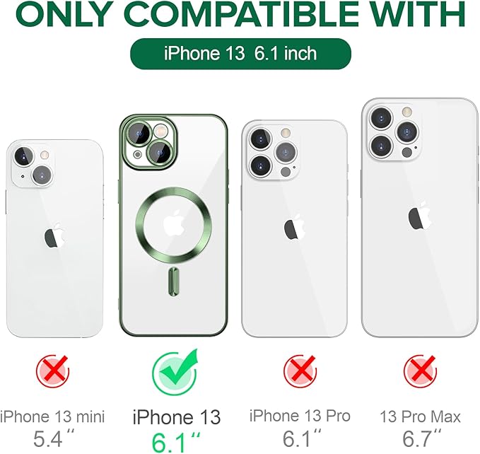 Hython Magnetic Clear for iPhone 13 Case with Camera Lens Protector [Compatible with MagSafe] Luxury Plating Edge Slim Soft TPU Cover Protective Phone Case for iPhone 13 6.1", Deep Green