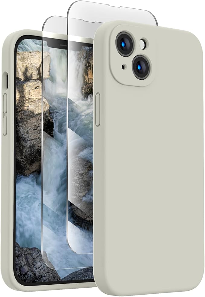 FireNova Designed for iPhone 14 Case, Silicone Upgraded [Camera Protection] Phone Case with [2 Screen Protectors], Soft Anti-Scratch Microfiber Lining Inside, 6.1 inch, Stone