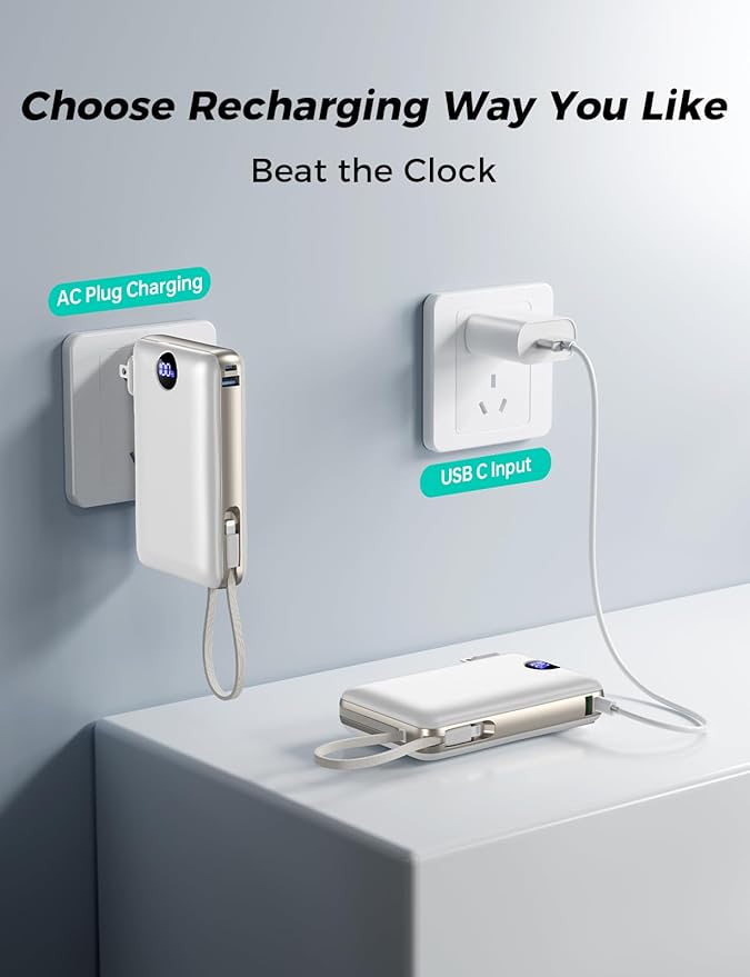 Power Bank, 50000 mAh Portable Charger with Built in Cable & Wall Plug, 22.5W Fast Charging, Travel Essential Battery Pack with LED Display for iPhone 17/16/15/14 Series, Galaxy, iPad White