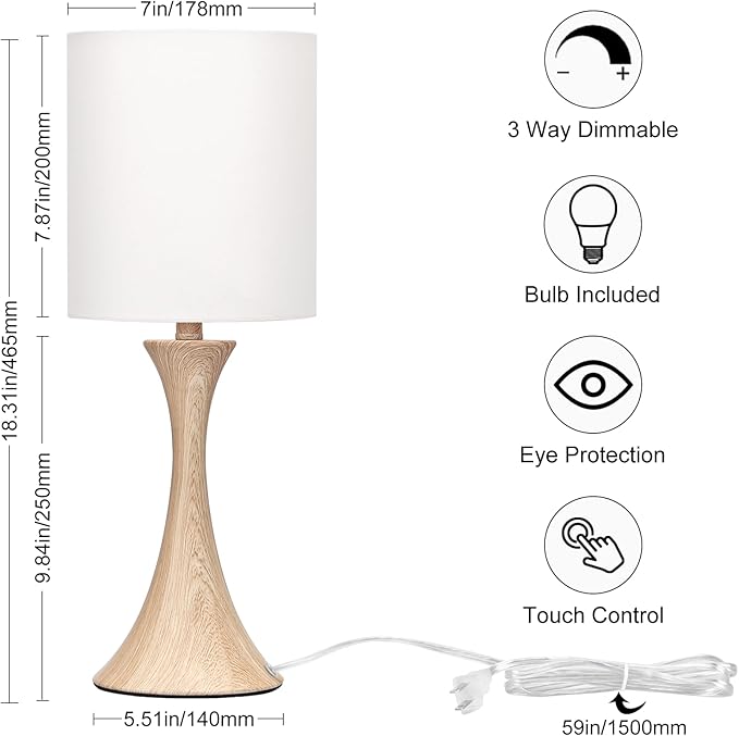 Bedside Touch Lamp, 3 Way Dimmable Touch Control Table Lamp, Wood Grain Farmhouse Table Lamp, Modern Nightstand Lamp with White Shade for Bedroom, Dorm, Office, 3000K LED Bulb Included