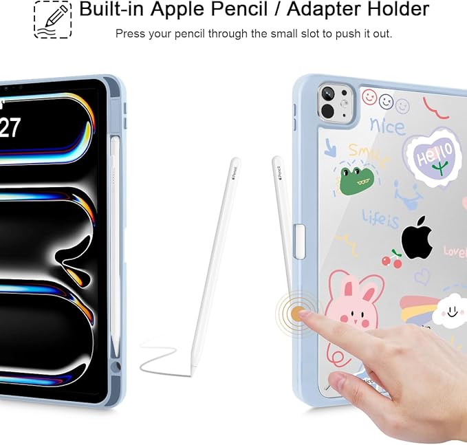 May Chen for iPad Pro 13 Inch Case M5 2025 / M4 2024, Built Pencil Holder & Clear Transparent Print Back Shell Slim Stand Shockproof Tablet Cover, Auto Wake/Sleep, Cut Stick Figure