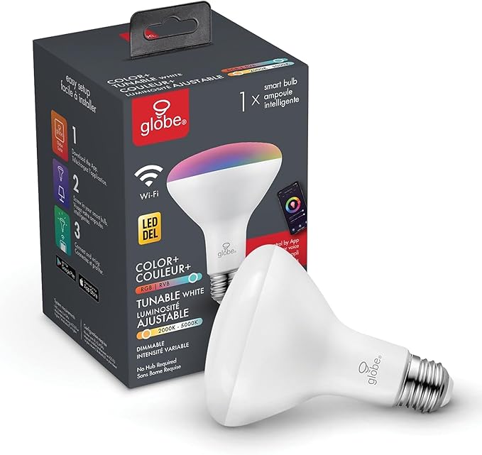Globe Electric Wi-Fi Smart 10 Watt (65W Equivalent) Multicolor Changing RGB Tunable White Frosted LED Light Bulb, No Hub Required, Voice Activated, 2000K - 5000K, BR30 Shape, E26 Base,50035