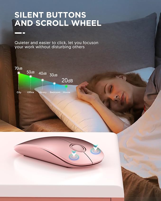 RAPIQUE Bluetooth Wireless Mouse - (BT5.1+USB) Dual Connectivity, Quiet Click, Low Power, and 1600 DPI, Portable Cordless Mouse for Mac, Laptop, MacBook Pro/Air, iPad (Rose Gold)