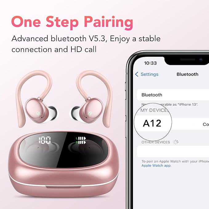 KT1 Bluetooth Headphones Wireless Earbuds 72hrs Playtime Wireless Charging Case Digital Display, Ear Buds with Earhook,IPX7 Waterproof, Deep Bass 2.0,Over-Ear Earphones for Sport Running