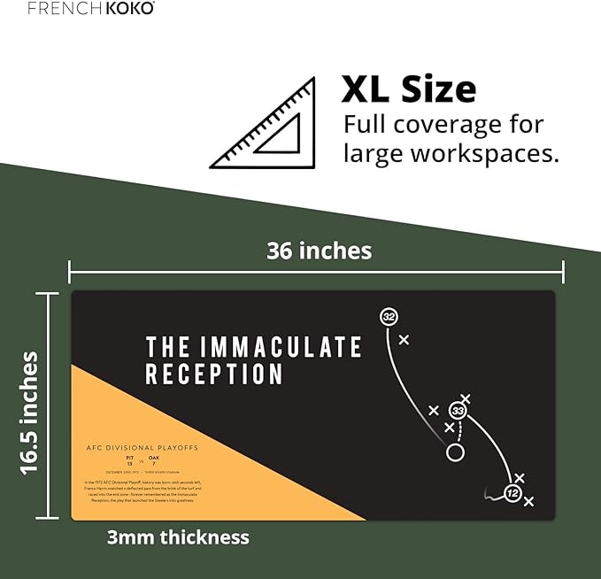 French KOKO Large Pittsburgh Football Desk Mat for Desktop – XL Black and Gold Desk Pad Mat Featuring The Immaculate Reception Play, Man Cave Office Decor, Football Fan Gift - Immaculate Reception