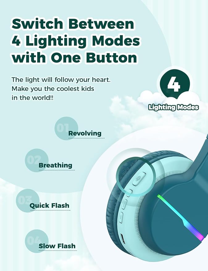 iClever BTH12 Kids Bluetooth Headphones,Colorful LED Lights Wireless Kids Headphones,74/85dBA Safe Volume,85H Playtime,Bluetooth 5.2,Over Ear Headphones Built-in Mic for iPad/Tablet/Airplane,Green