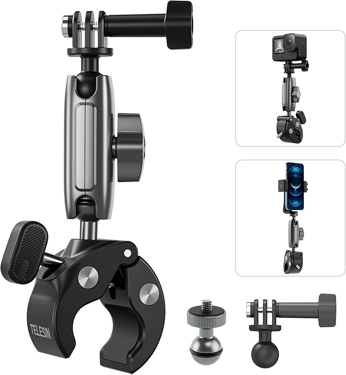 TELESIN Super Clamp Camera Mount with 360° Dual Ball Head, Bike/Bicycle/Motorcycle Handlebar Mount for DJI Osmo Pocket 4/ DJI Osmo Action 6/ Action 5 Pro/Osmo Nano/Action 4/Hero 13 12 11/Insta 360 X5