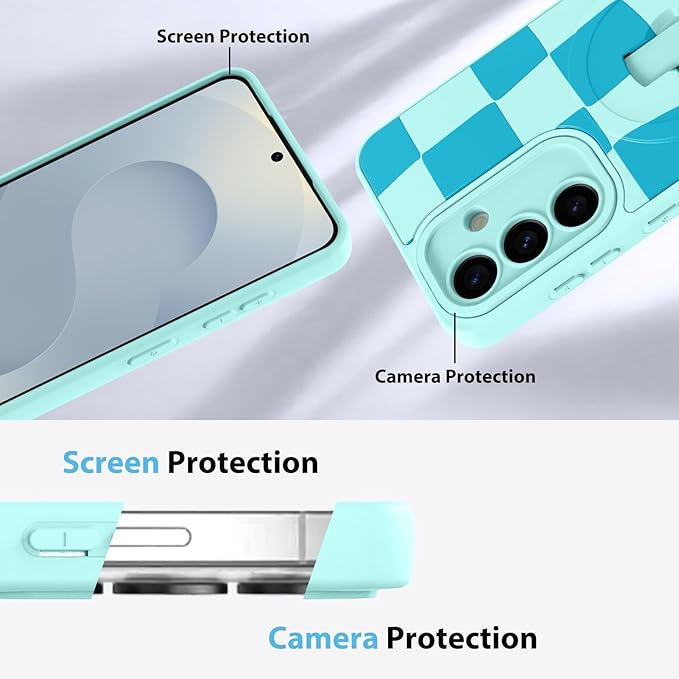 KANGHAR Compatible with Samsung Galaxy S25 Case, Support for MagSafe, Silicone Checkered Cute Pattern, Wristband Kickstand Camera Protection Soft Slim Cover for Girls Women -Blue