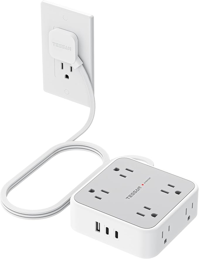 TESSAN Surge Protector Power Strip, 5 Ft Flat Plug Extension Cord with 3 USB (2 USB C) 8 Outlets, 1250W, 900J Protection, 3 Sided Outlet Extender with Power Switch for Office, Dorm Room, Grey