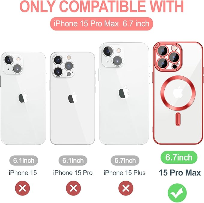 Hython Magnetic Clear for iPhone 15 Pro Max Case with Camera Lens Protector [Compatible with MagSafe] Plating Edge Slim Soft TPU Cover Protective Phone Case for iPhone 15 Pro Max 6.7", Red