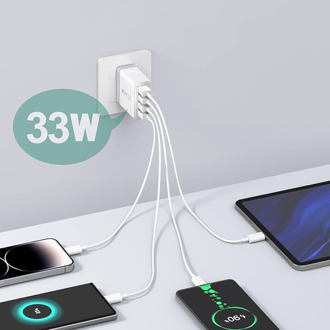USB Charger, 4 Port USBA Wall Charging Block, Fast Charge QC 3.0 Plug Adapter Compatible with iPhone 12/13/14/15/XS/XS Max/XR/X, LG, Google Pixel and More
