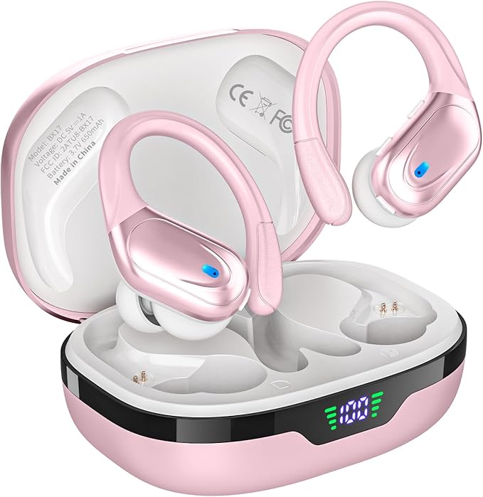 HAOYUYAN Wireless Earbuds, Sports Bluetooth Headphones, 80Hrs Playtime Ear Buds with LED Power Display, Noise Canceling Headset, IPX7 Waterproof Earphones for Workout/Running (Pink)