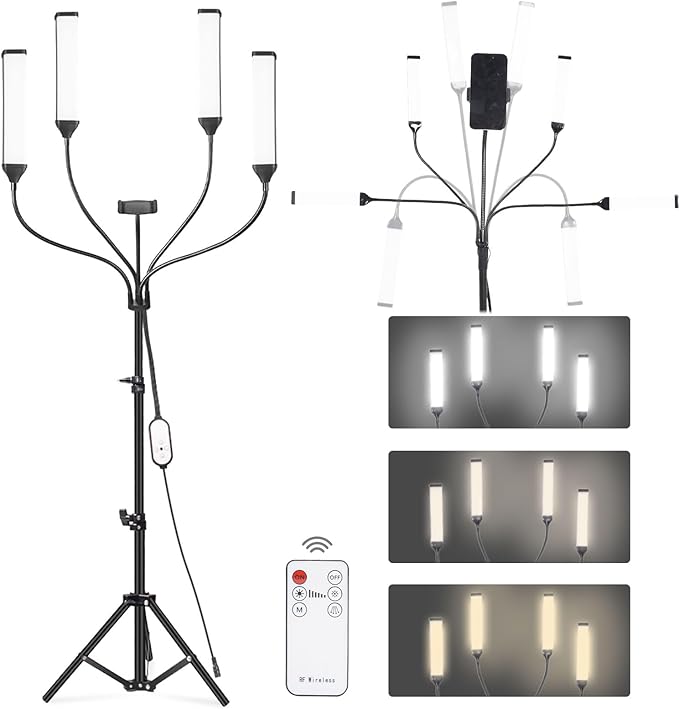 Esthetician Light Tattoo Lash Make up Light for Video Recording, Dimmable Four Arms LED Floor Lamp for Lash Techs, Estheticians & Tattoo Artists with Tripod Stand&Phone Holder