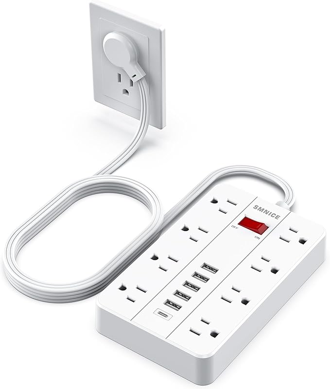 SMNICE Power Strip with USB,Surge Protector Flat Plug with 8 Widely Spaced Outlets and 6 USB Ports(1 USB C), 5ft Extension Cord Wall Mountable Phone Tablet Laptop Computer Multiple Devices