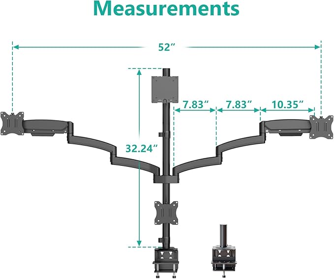 WALI 4 Monitor Mount for 13-49 inch Ultrawides on Top Bracket and 27 inch Screens on Lower Brackets, Heavy Duty Arm Extra Tall Quad Monitor Stand, up to 44 lbs (GSDM004S-P), Black