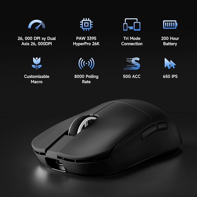 MCHOSE L7 Pro Wireless Gaming Mouse Super Light 39g, Gaming Mouse Esport with 26K DPI, Optical Switch, Programmable Buttons, Dual 8K Polling and PAW3395 Sensor, Tri-Mode Connection, PC/Mac - Black