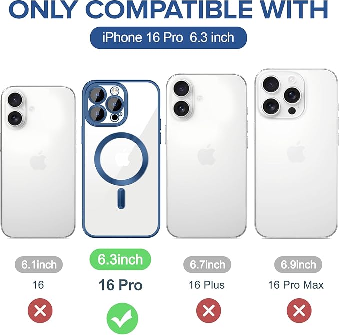 Hython Magnetic Clear for iPhone 16 Pro Case with Camera Lens Protector [Compatible with MagSafe] Luxury Plating Edge Slim Soft TPU Cover Protective Phone Case for iPhone 16 Pro 6.3", Matte Deep Blue