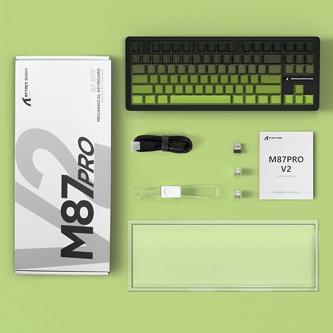 FELICON Attack Shark M87 PRO Wireless Mechanical Gaming Keyboard – 87-Key Tri-Mode (Bluetooth 5.0/2.4Ghz/USB-C), Hot-Swappable Linear Switch, RGB Backlit, 5000mAh Battery – Matcha Green