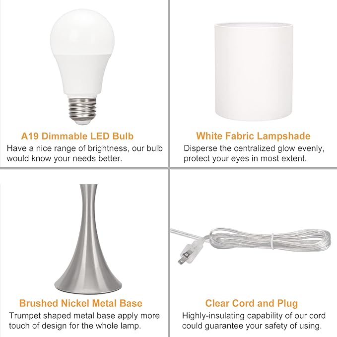 Touch Control Table Lamp, 3-Way Dimmable Bedside Lamp for Living Room, Modern Nightstand Lamp for Bedroom, Silver Table Lamp with White Shade, Desk Lamp for Dorm, Home, Office, 3000K LED Bulb Included
