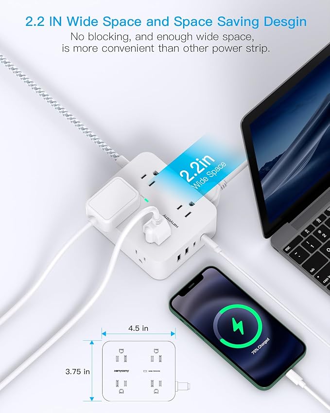 Surge Protector Power Strip 15 Ft Long Cord, HANYCONY Extension Cord 15 Feet with 8 Outlets 4 USB Ports(2 USB C), Flat Plug, Desk Charging Station for Home Office College Dorm Room Essentials