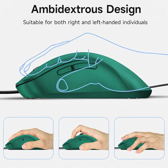 memzuoix Wired Mouse, USB Computer Mouse 1400 DPI Mobile Optical Mouse Ergonomic Design Computer Mice with 5FT Cord for Laptop, PC, Desktop, MacBook, 5 Buttons (Dark Green)