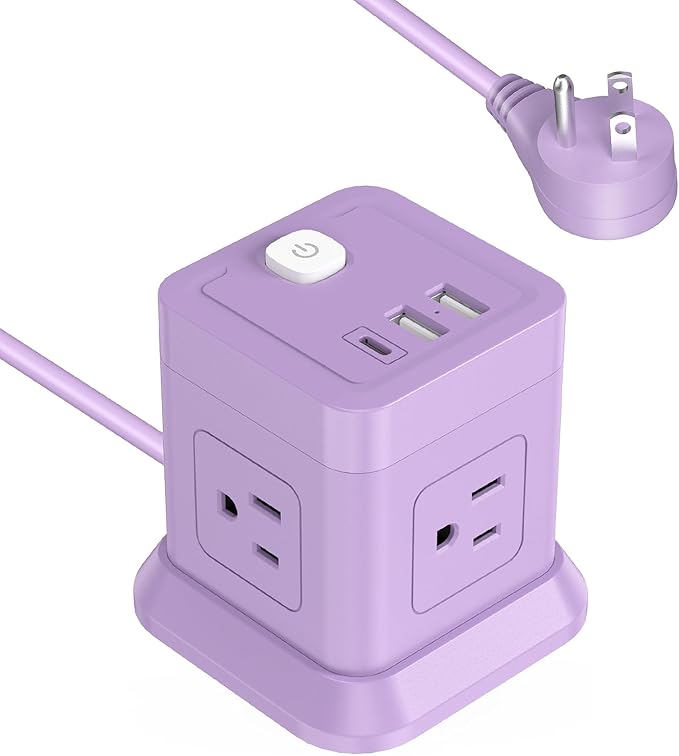 Cube Power Strip, FDTEK 4 Widely Spaced Outlet with 3 USB (1 USB C) Flat Plug Power Strips with Long Extension Cords Space Save Compact Portable for Travel Home Office Cruise (Purple) 10FT