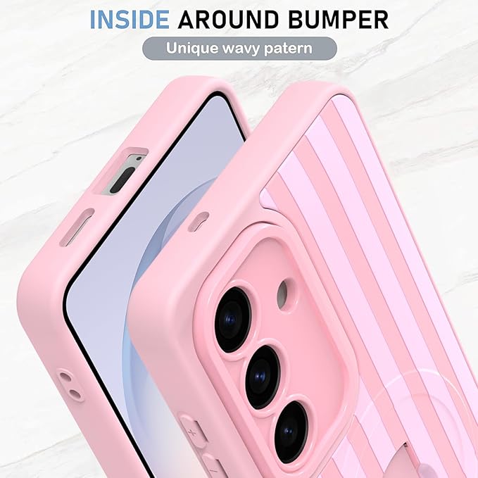 KANGHAR Compatible with Samsung Galaxy S26 Case, Support for MagSafe, Silicone Stripes Cute Pattern, Wristband Kickstand Camera Protection Soft Slim Cover for Girls Women -Pink
