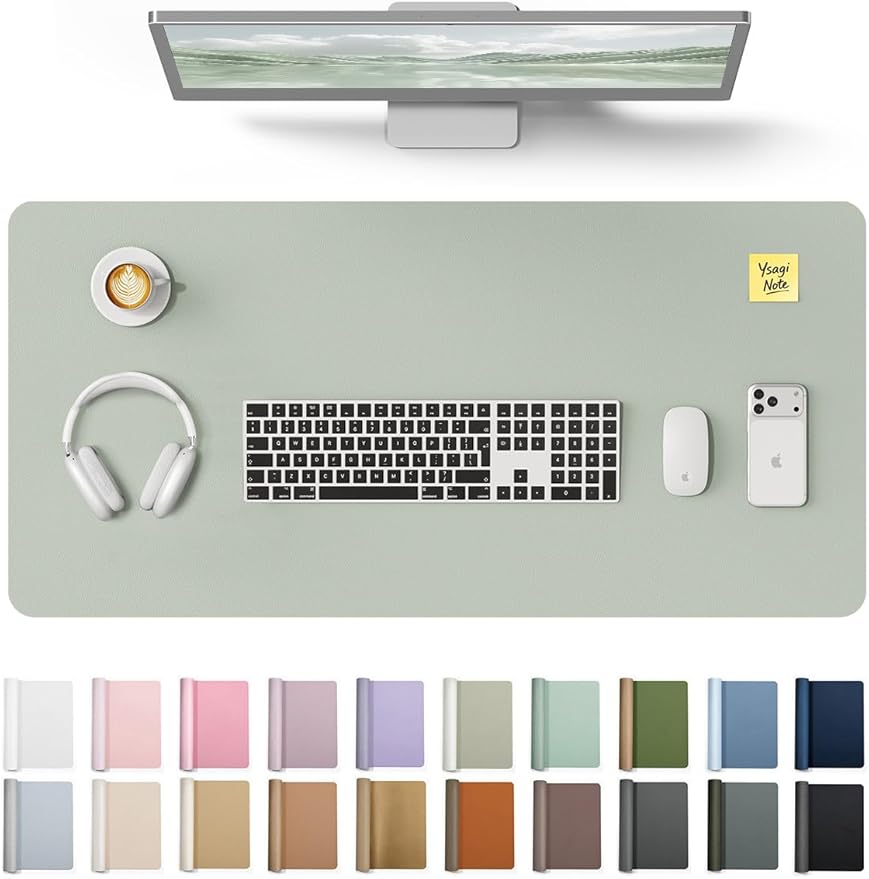 YSAGi Leather Desk Protector, Office Mat, Large Mouse Mat, Non-Slip PU Leather Blotter, Laptop Pad, Waterproof Writing Pad for Office and Home (Grayish Green, 35.4" x 17")