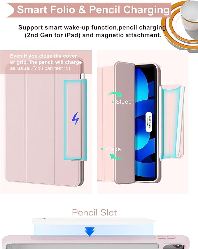 ZENLU iPad Air 10.9/11 inch Case with Removable Magnetic Folio Cover, Premium PU Leather, Multiple Angles Stand, Pencil Slot Charging Support, Full Protective Case for iPad Air 7 6 5 4 Gen (Pink)