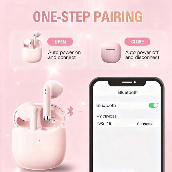 Pink True Wireless Earbuds Bluetooth 5.3 with Microphone for Working Out Noise Canceling Blue Tooth Ear Buds Deep Bass TWS Wireless Earphones with Charging Case in Ear Headphone for iPhone Android