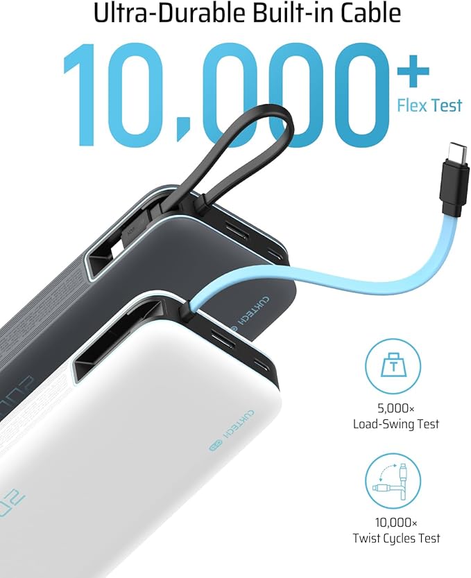 CUKTECH 45W Power Bank 20000mAh, Portable Travel Charger Built-in USB C Cable, Fast Charging Battery Pack for iPhone 16/15/14/13, iPad, Samsung Galaxy, Google Pixel, Android and More (Gray)