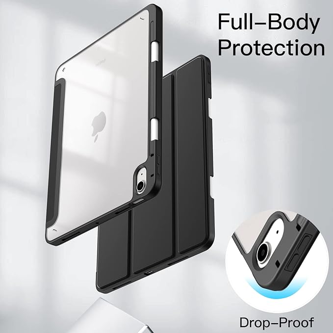 JETech Case ONLY for iPad Air 11-Inch M4/M3/M2 (2026/2025/2024), iPad Air 5/4 (2022/2020 5th/4th) with Pencil Holder, Clear Transparent Back Slim Stand Shockproof Tablet Cover (Black)