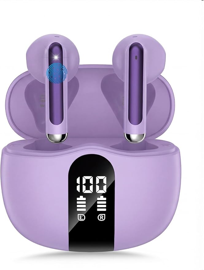 Wireless Earbuds, 2026 Bluetooth 5.4 Headphones Bass Stereo Ear Buds with Noise Cancelling Mic, LED Display in Ear Earphones 50H Playtime Ear Buds, IP7 Waterproof for Laptop Pad Phones Purple