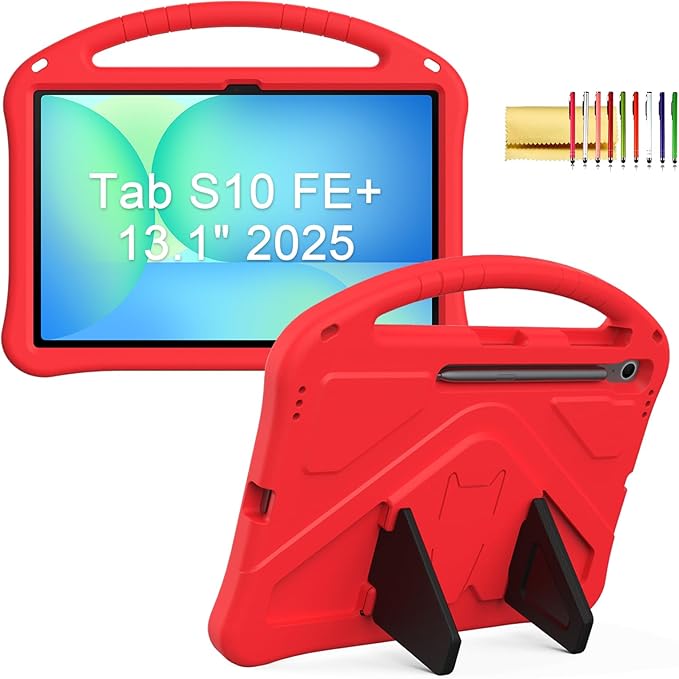 Kids Case for Samsung Galaxy Tab S10 FE+ (Plus) 13.1" 2025, Techcircle Light Weight Shock Proof EVA Foam Handle Rugged Stand Protective Cover, Red