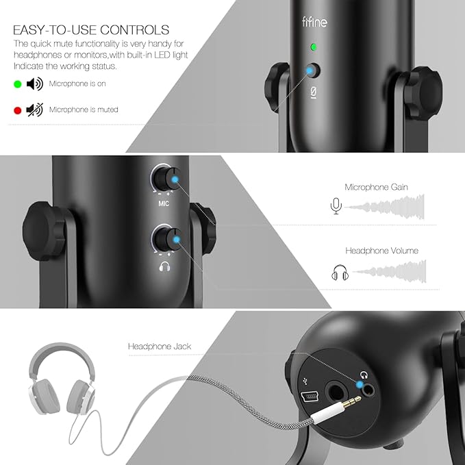 FIFINE USB Podcast Microphone for Recording Streaming, Condenser Computer Gaming Mic for PC Mac, Headphone Output&Volume Control, Mic Gain Control, Mute Button for Vocal, YouTube (K678)