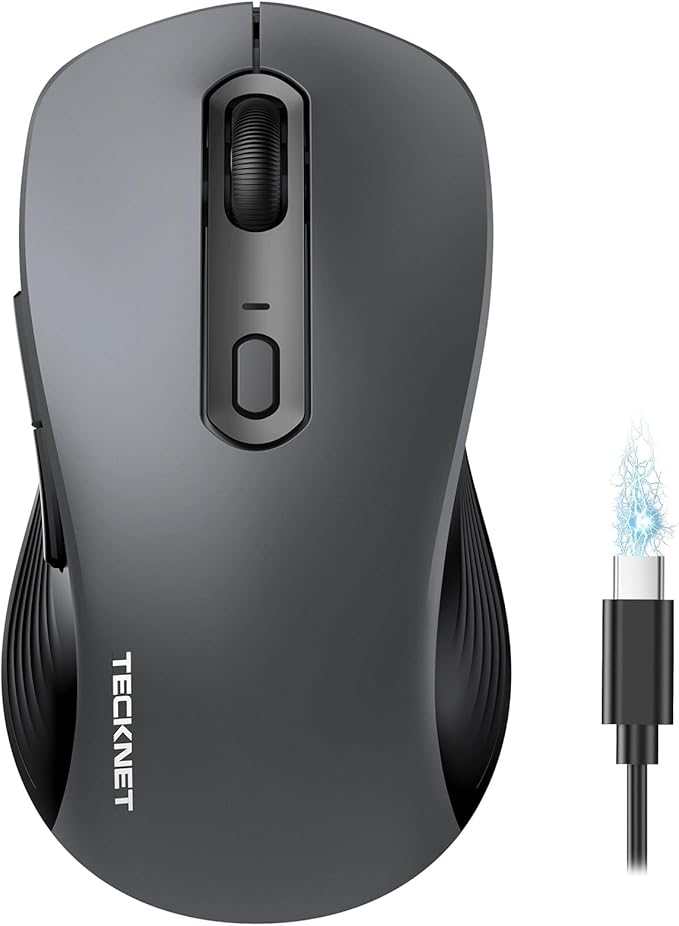 TECKNET Rechargeable Bluetooth Mouse, [ USB + BT5.0 + BT3.0 ] Wireless Mouse, Ergonomic Design, Silent Click, 6-Level 4800 DPI Wireless Mice, 3-Device Switching for Laptop, Computer, MacBook（Grey）