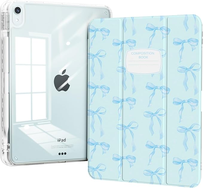 for iPad Air 11 Inch Case M4 (2026)/ M3 (2025)/ M2 (2024), iPad Air 10.9" 5th/4th Generation Case 2022/2020 with Pencil Holder, Trifold Stand Protective Clear Cover, Bow Composition Book