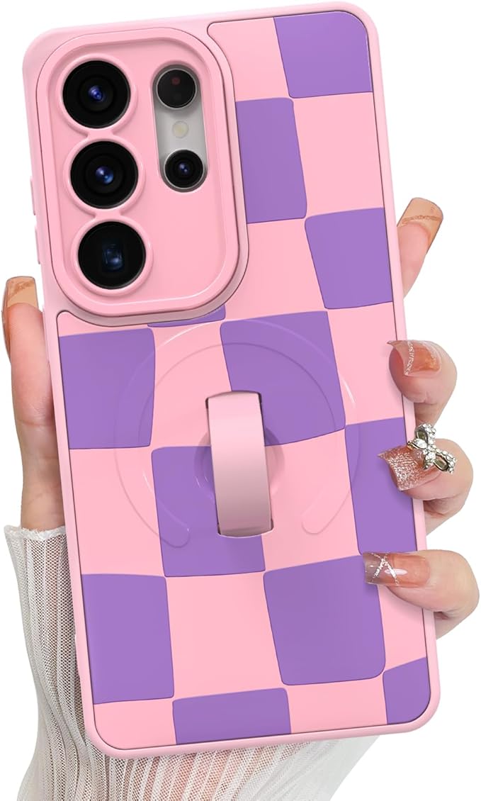 KANGHAR Compatible with Samsung Galaxy S26 Ultra Case, Support for MagSafe, Silicone Checkered Cute Pattern, Wristband Kickstand Camera Protection Soft Slim Cover for Girls Women -Pink