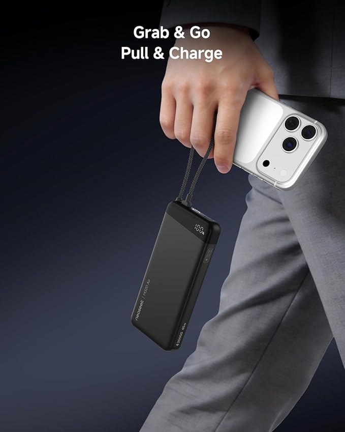 Ultra-Thin 20,000mAh Power Bank, 45W Max Fast Charging Battery Pack, Built-in USB-C Cable for iPhone 17/16 Series, Galaxy, MacBook, and More